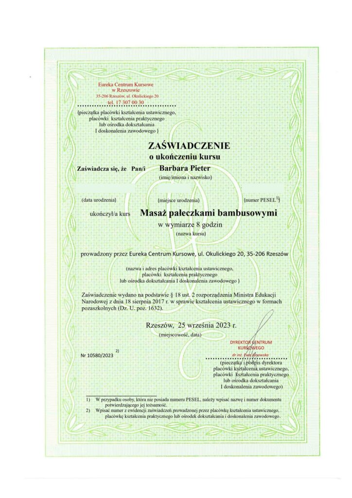 Certyfikat masaż pałeczkami bambusowymi